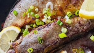 Die mit Zitronenscheiben und Frühlingszwiebeln garnierte und servierfertige Schnelle Forelle - asiatisch nach dem Rezept von schonzeitvertreib.de