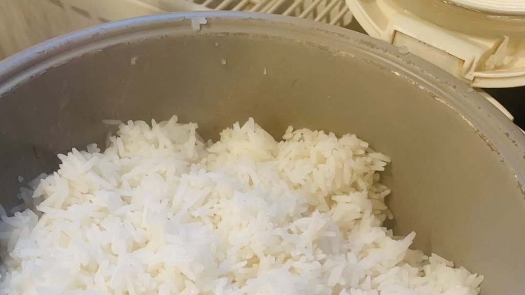 Ein halb gefüllter Reiskocher beinhaltet die Beilage für die Schnelle Forelle - asiatisch