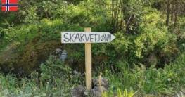 Ein Holzschild mit der Aufschrift "Skarvetjønn" zeigt den Weg nach rechts, umgeben von saftig grün bewachsenen Felsen.