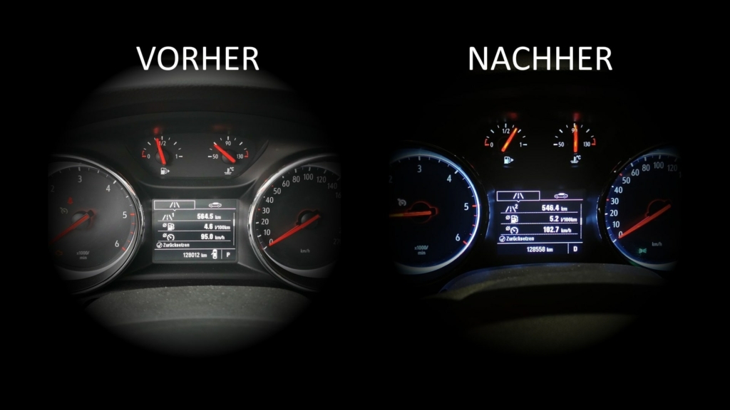 Auf der linken Seite sieht man den Stand des Bordcomputers nach der Hinfahrt ohne Dachzelt mit einer Verbrauchsanzeige von 4,6l/100km und auf der rechten Seite die entsprechende Anzeige für die Rückfahrt nach der Dachzelt-Montage bei 5,2l/100km