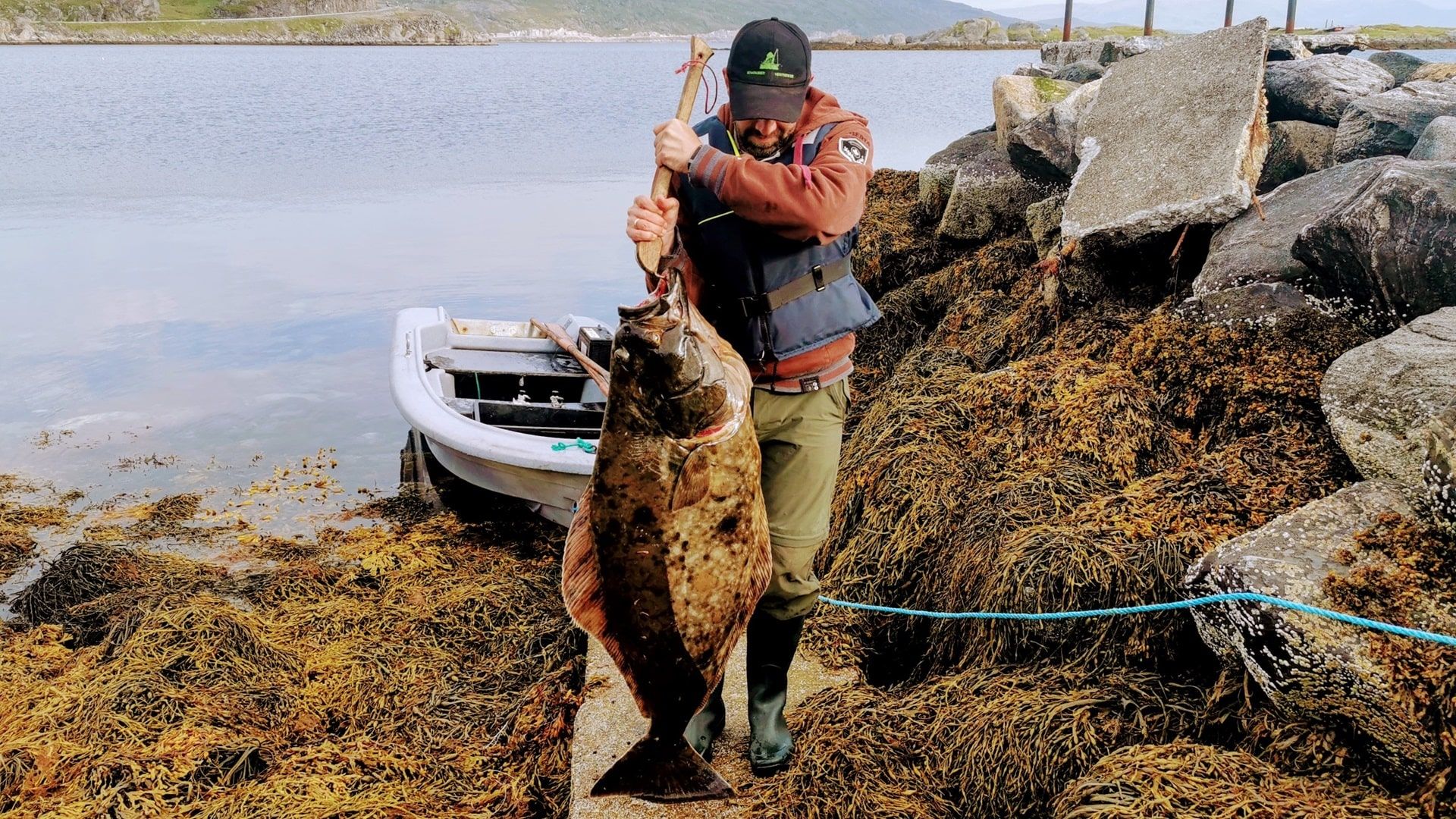 Angler hebt einen 130 cm großen Heilbutt empor, gefangen beim Angeln im Akkarfjord – unvergesslicher Fang vom Boot in traumhafter Naturkulisse.