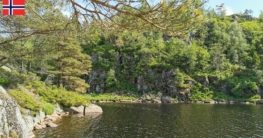 Blick entlang des felsigen, begrünten Ufers entlang der nördlichsten Insel im Øvstevatnet bei Lyngdal, an dem das Ufer direkt steil abfällt. Vor blauem Himmel ragt ein Kiefernzweig ins Bild.