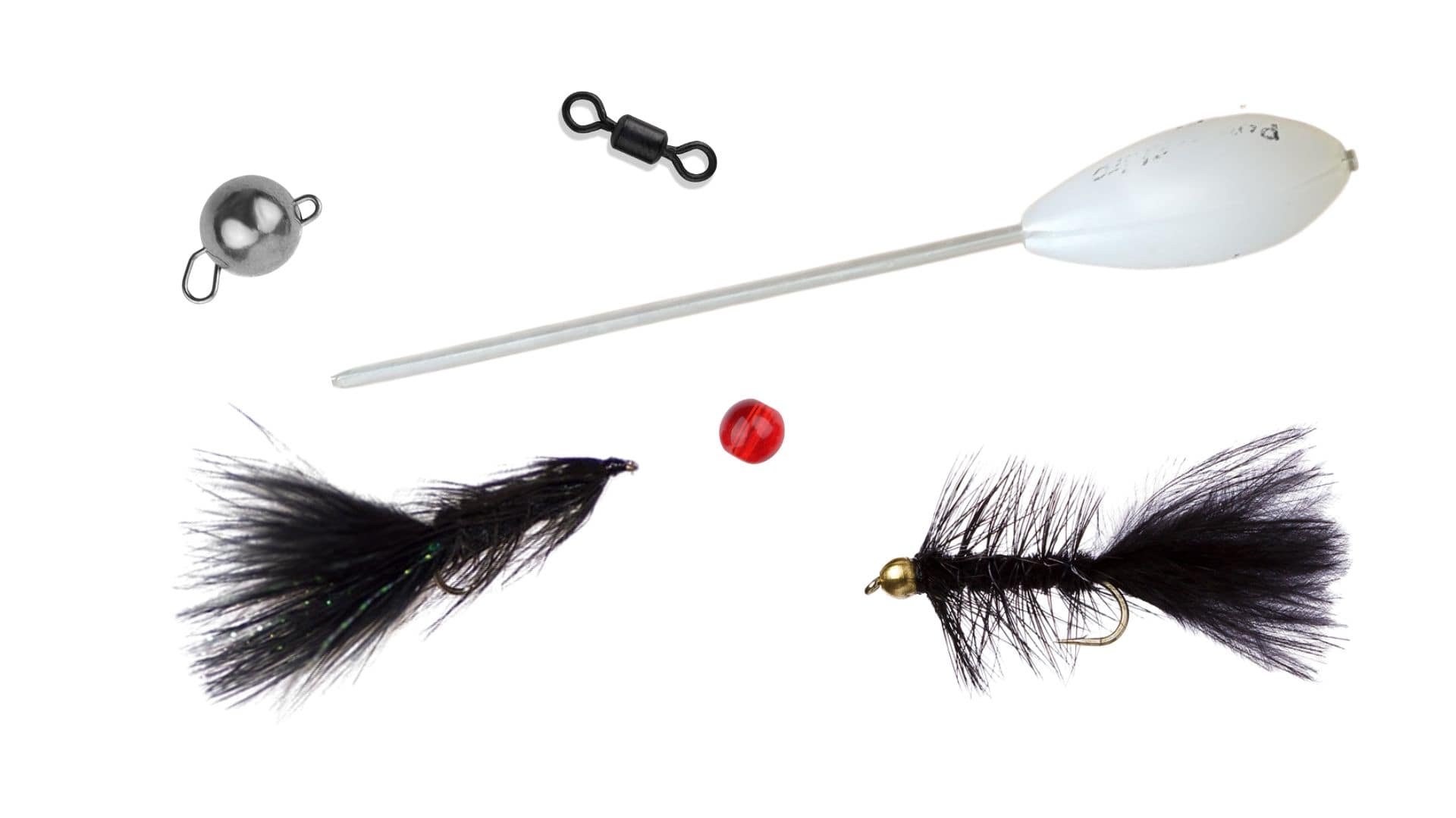 Zubehör für das Angeln mit Streamer an der Spinnrute: Sbirolino, Perle, Woolly Bugger mit und ohne Gewicht, Tönnchen-Wirbel Cheburashka-Tungsten-Gewicht