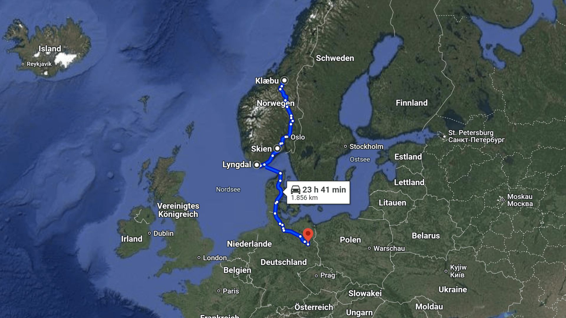 Kartenausschnitt in Vogelperspektive zeigt die Route von Trondheim über Skien, Lyngdal, Kristiansand und Hirtshals zurück nach Berlin