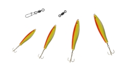 Zubehör für die Montage beim leichten Pilken vom Ufer oder Boot: Tönnchenwirbel, Karabiner und vier gelb-orange Pilker in verschiedenen Größen