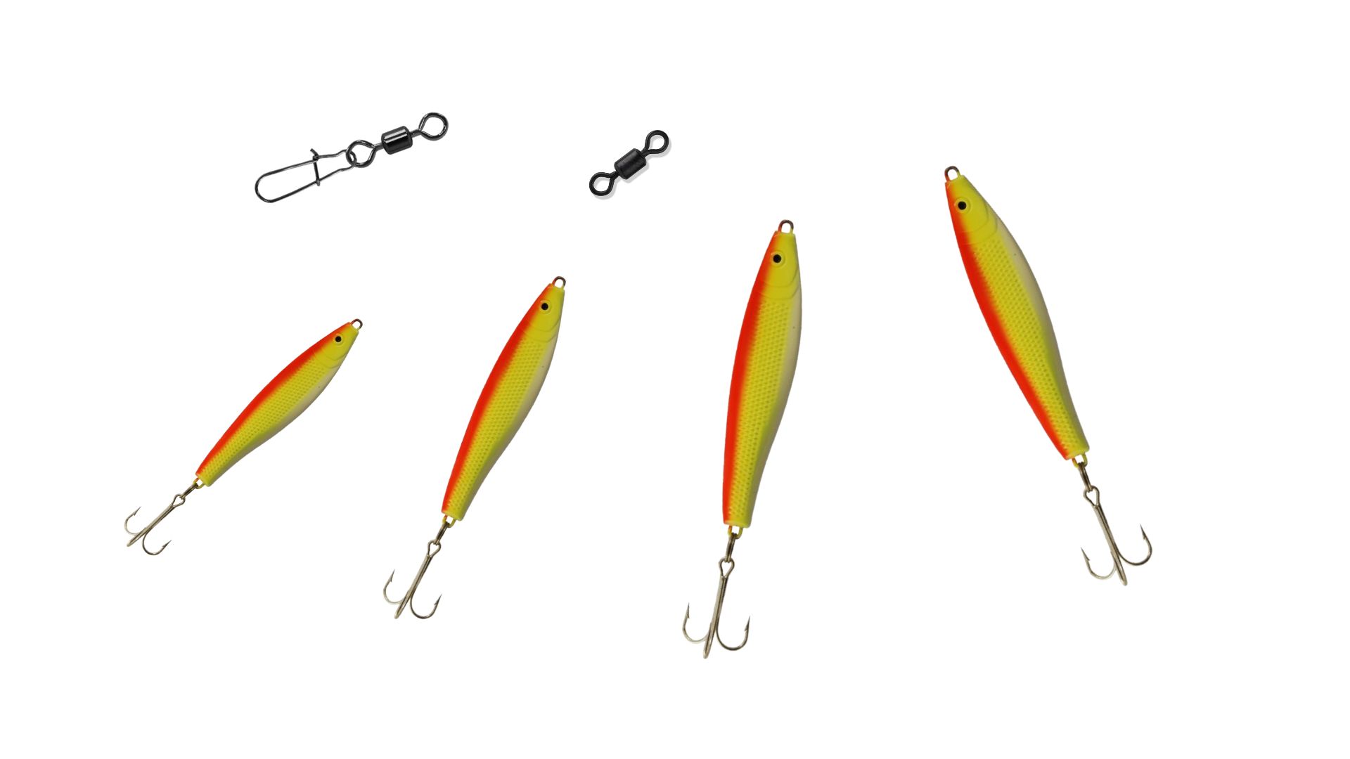 Zubehör für die Montage beim leichten Pilken vom Ufer oder Boot: Tönnchenwirbel, Karabiner und vier gelb-orange Pilker in verschiedenen Größen