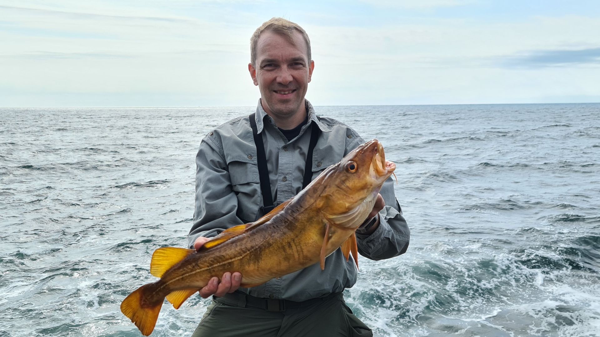Glücklicher Angler mit einem goldfarbenen Tangdorsch, gefangen beim leichten Pilken vom Ufer an einem eindrucksvollen Steilküsten-Spot