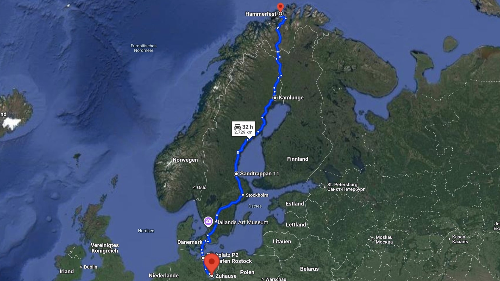 Luftaufnahme mit eingezeichneter Reiseroute von Berlin bis hoch nach Hammerfest