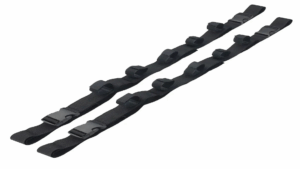 Zwei schwarze Spanngurte mit je fünf Klettschlaufen – bereit zur Montage als Rutentransportsystem im Auto.