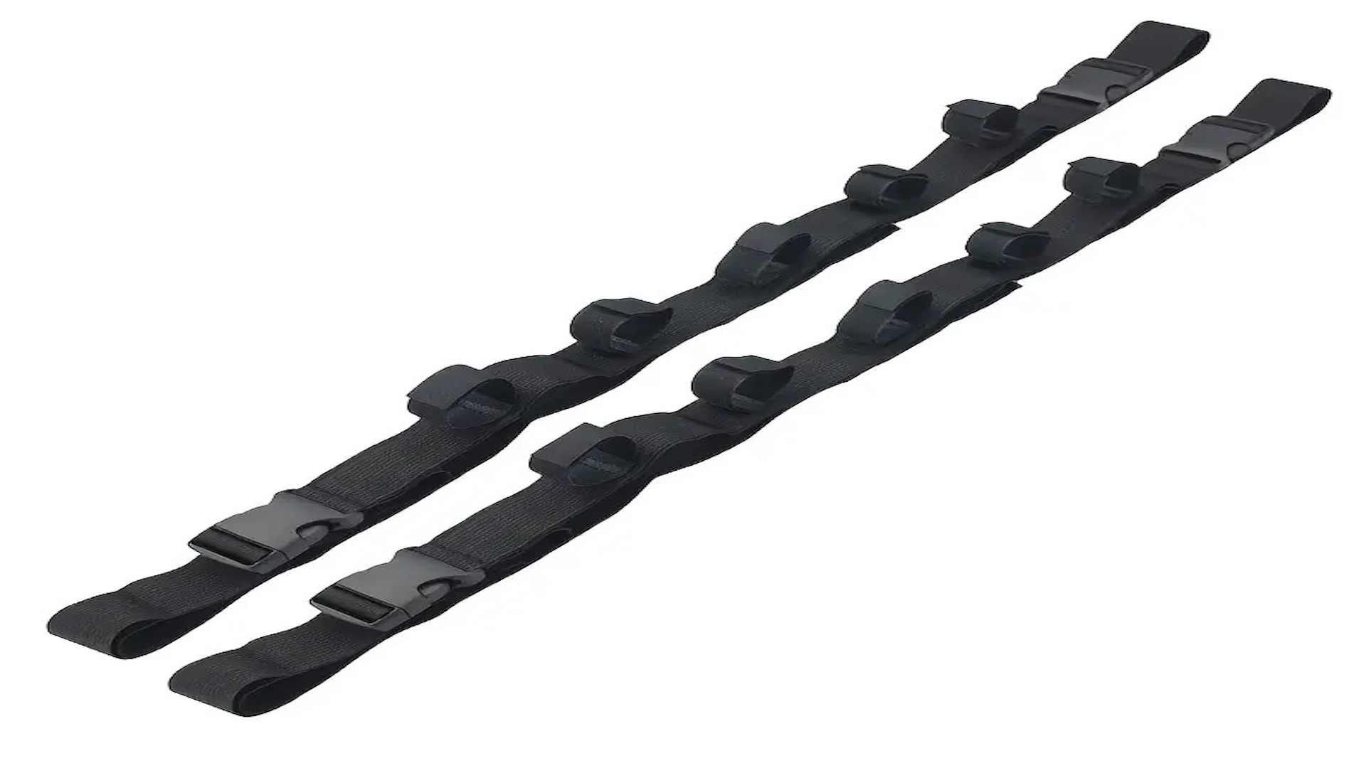 Zwei schwarze Spanngurte mit je fünf Klettschlaufen – bereit zur Montage als Rutentransportsystem im Auto.