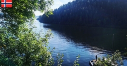 Blick durch einige Laubbäume in Richtung Südosten über die Flakvarbukta bei Skien an einem sonnigen Tag; blauer Himmel und ruhige Wasseroberfläche
