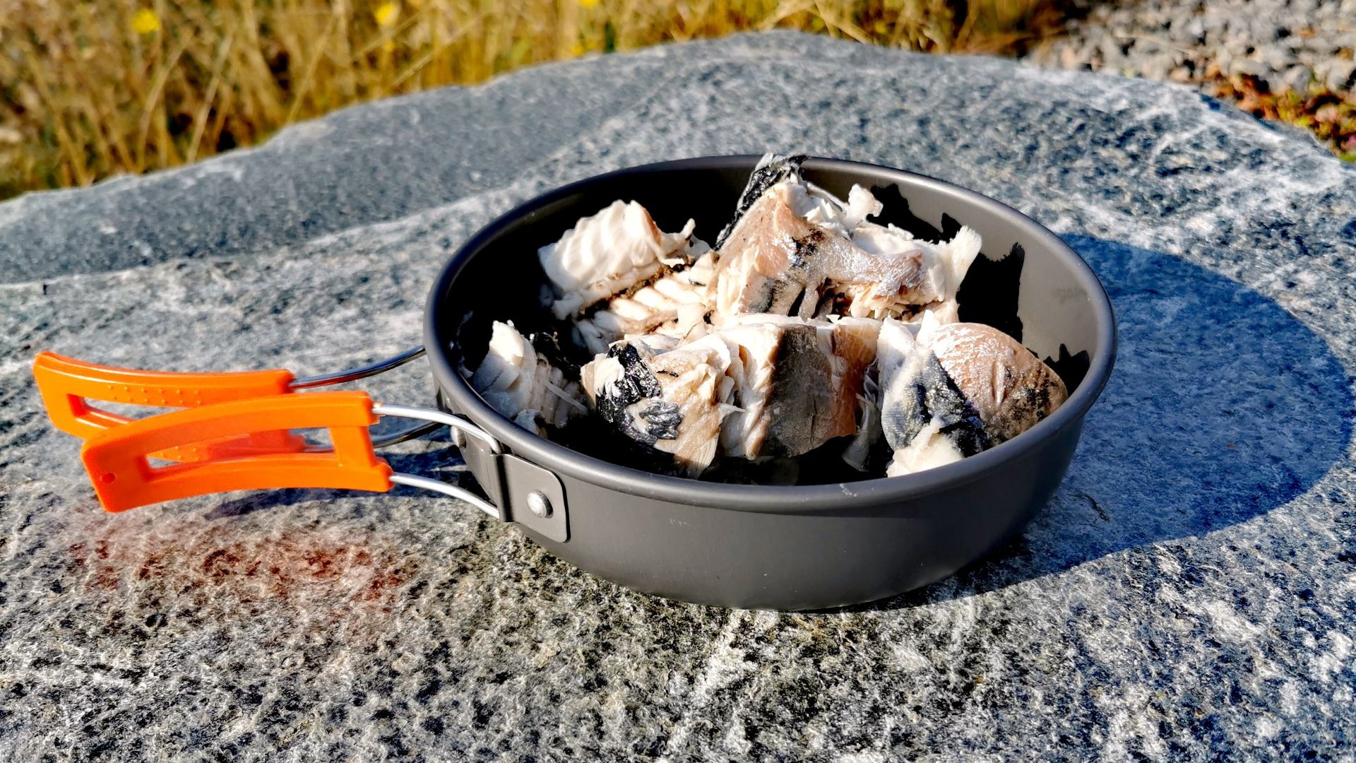Servierfertige Makrelenstücke aus dem Meerwasser in einer Outdoor-Pfanne angerichtet
