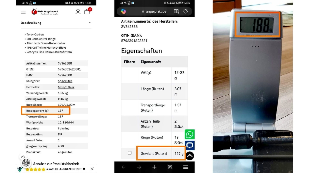 wei Produktmerkmale aus unterschiedlichen Online-Shops mit fehlerhafter Gewichtsangabe 157g und Küchenwaage mit der Savage Gear Parabellum CCS 10'1 Test-Rute, die 188g anzeigt