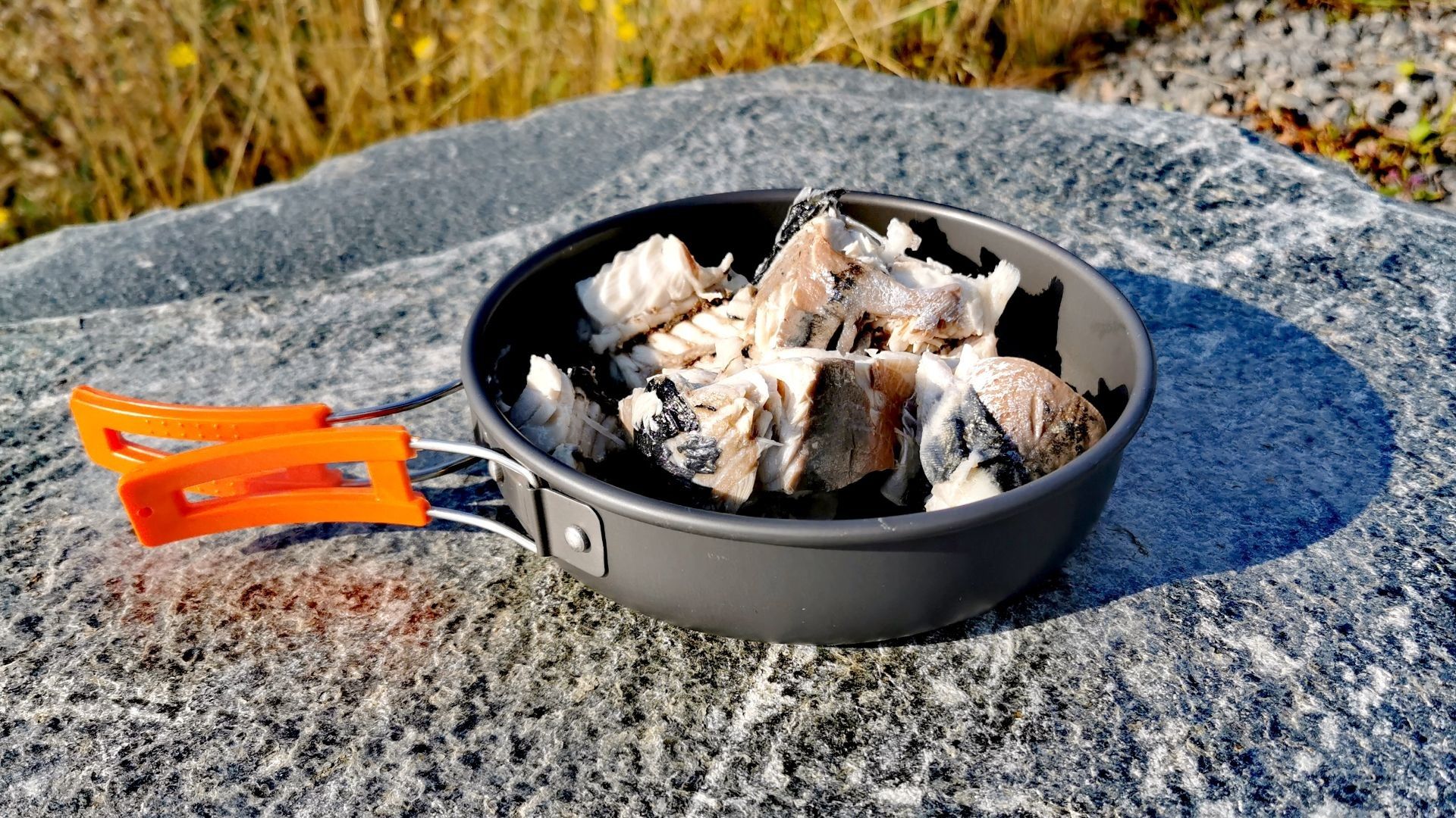 Campingpfanne mit frischen Makrelenstücken, in Meerwasser gegart – Teil des einfachen Outdoorlebens zwischen Angeln und Dachzelt