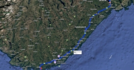 Luftaufnahme mit eingezeichneter Reiseroute der dritten Etappe Angeln mit Dachzelt 2025 - von Skien über Risør nach Mandal im Süden Norwegens