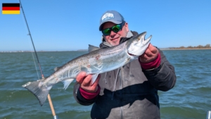 Guide Chrischi vom Team Bodden Angeln präsentiert eine 60er MeFo, gefangen unter schwierigen Bedingungen beim Guiding auf Meerforelle vor Rügen